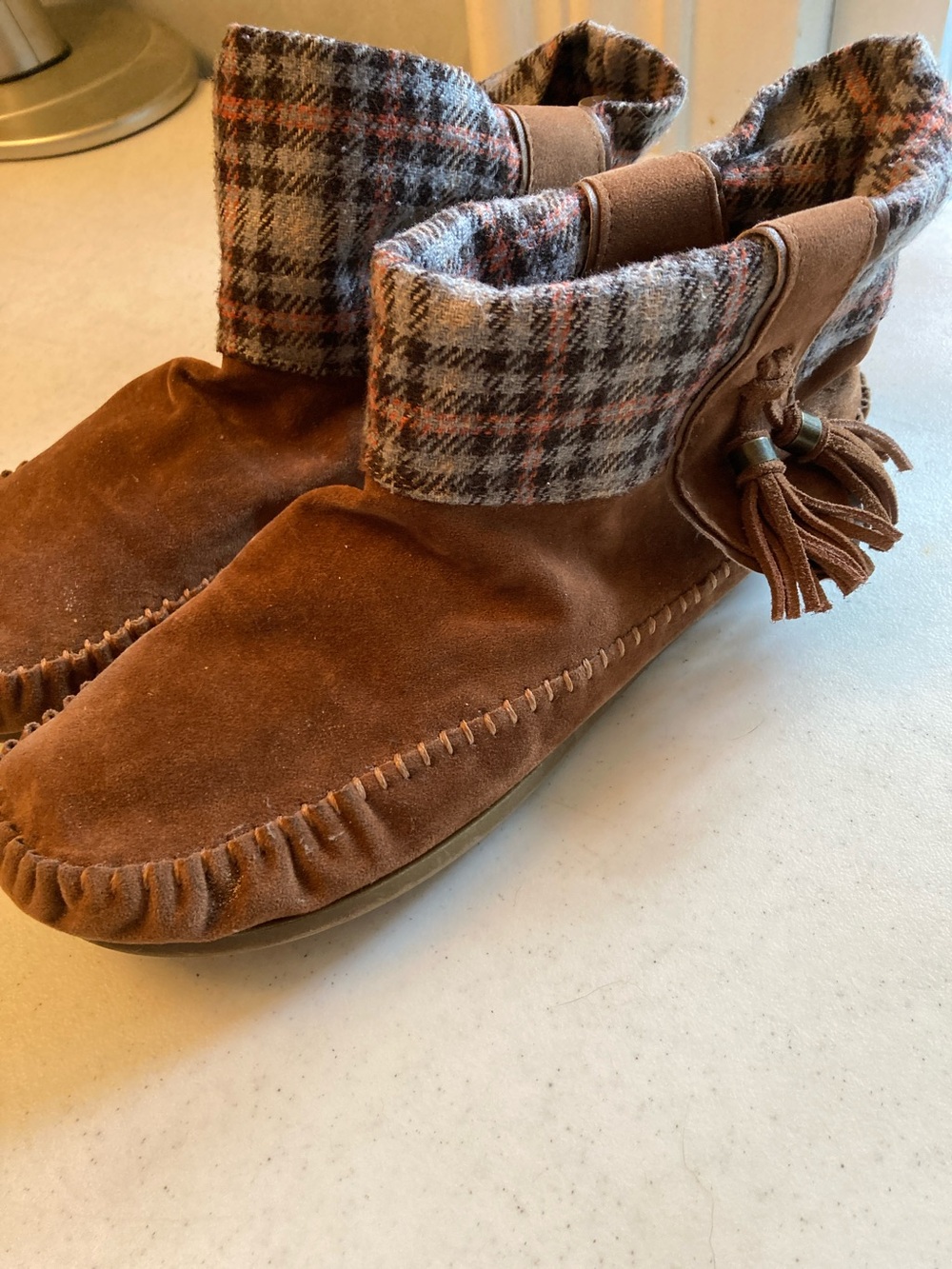 Rock & Candy Brown Suede Tassel Moccasin Boot with Plaid Cuff